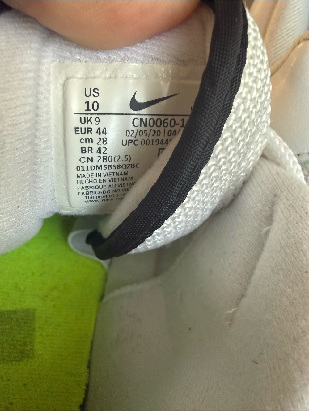 Nike White Sneakers with Neon Green Insole and Black Trim - Picture 12 of 15